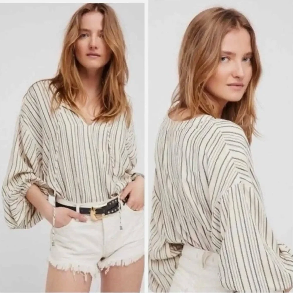 FREE PEOPLE Womens Bishop Sleeves Striped Tunic Blouse Pirate bohemian - Picture 4 of 13